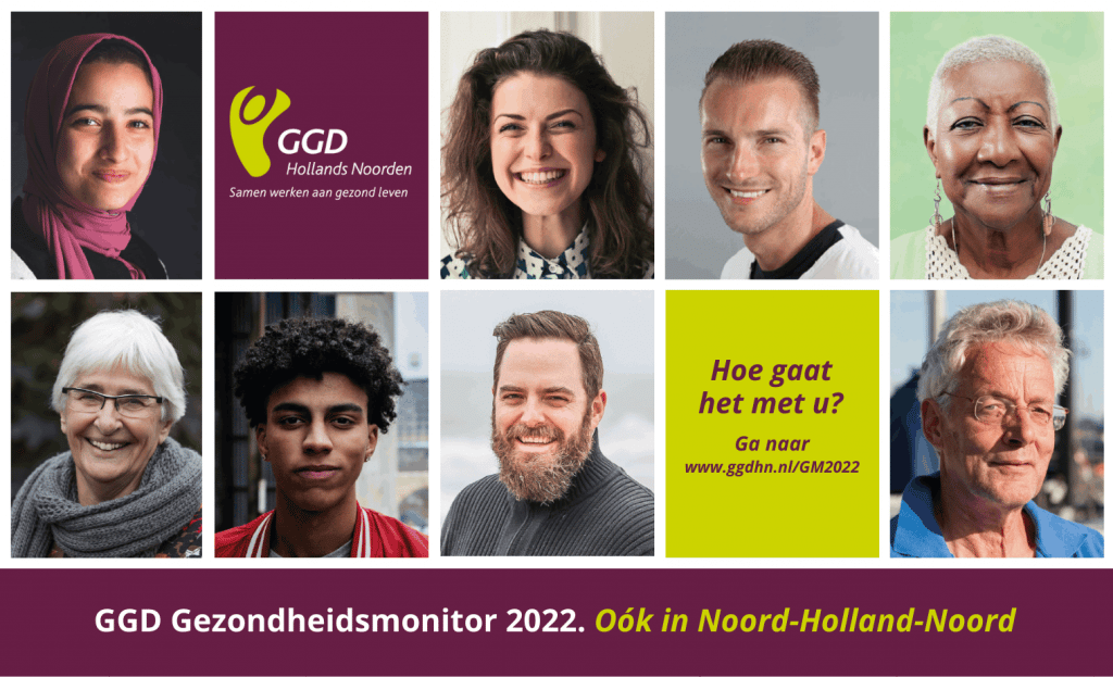Verschillende portretten van mensen met oproep om mee te doen aan de Gezondheidsmonitor 2022.